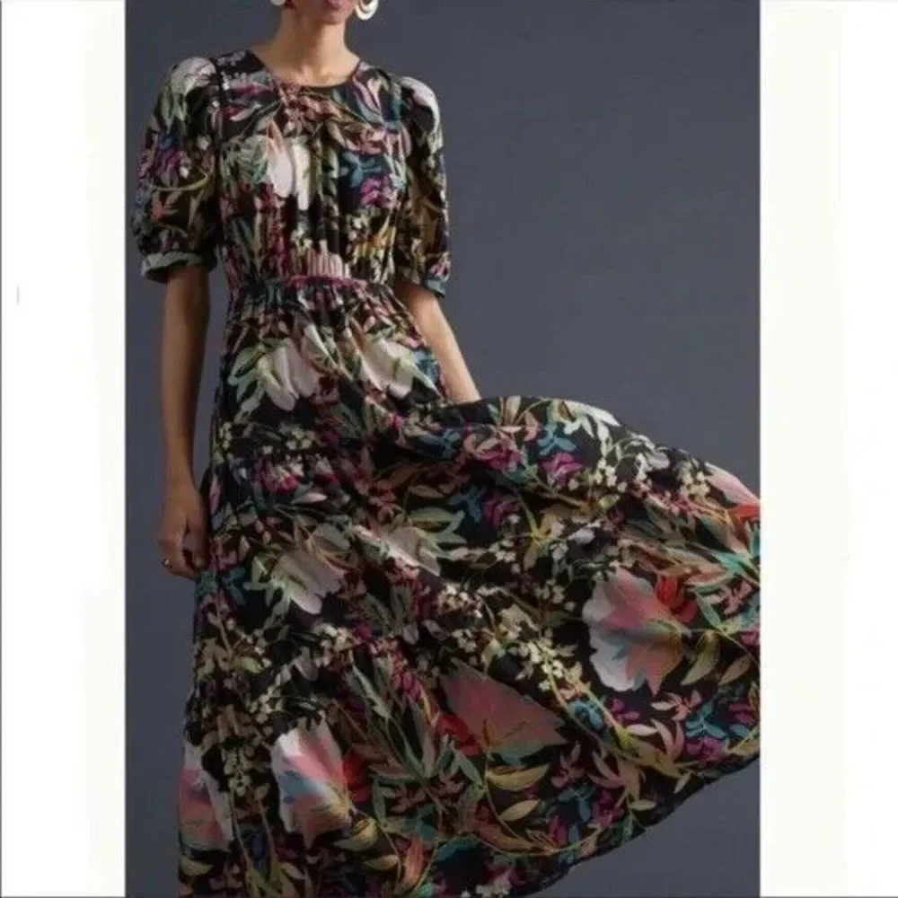 New Anthropologie x Condition Apply Floral Tiered Maxi Dress Puff Sleeves Sz MP - Picture 1 of 6
